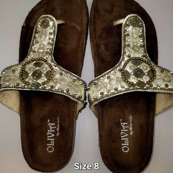 OLIVIA by Olivia Miller Gold Copper Sequin Thong Sandal Cork Footbed - Picture 5 of 5